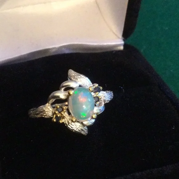 Amazing Genuine  Fiery Opal Ring with Sapphires - Picture 2 of 11